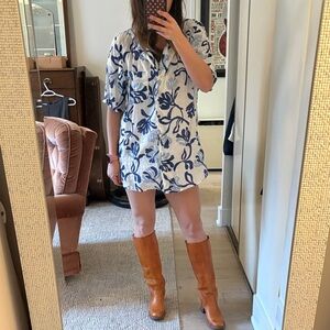 Faithfull the Brand Linen White Shirt Dress with Blue Floral Print